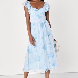 Lulus Loveliest Darling Light Blue Floral Ruffled Tie-back Midi Dress - Size L